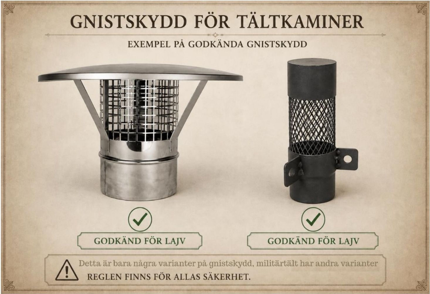 Gnistskydd för tältkaminer - exempel på godkända gnistskydd