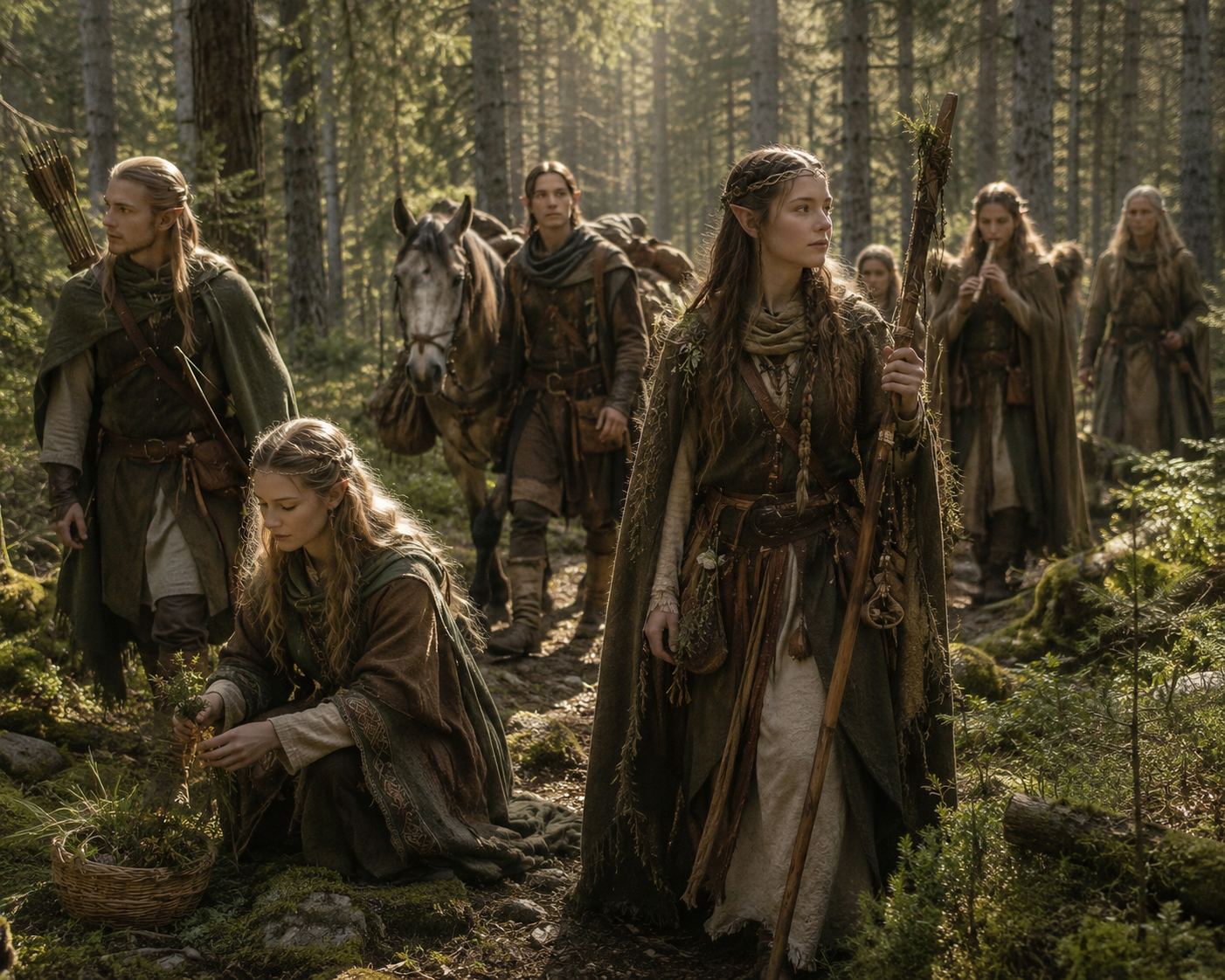 Skogsalver på vandring genom skogen